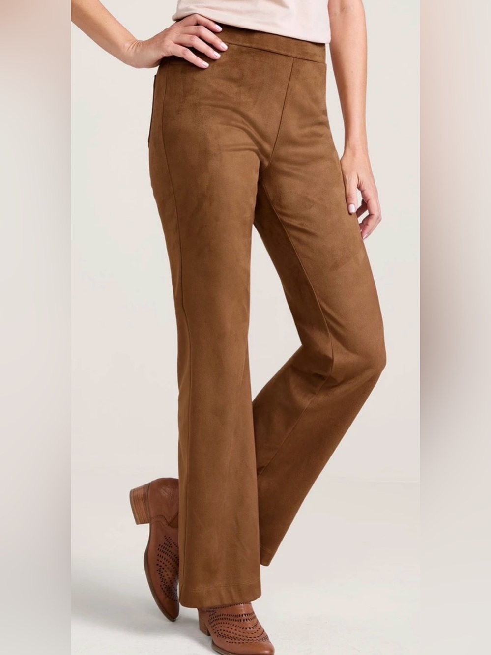 Soft Surroundings Faux Suede Wide-Leg Pants — Cognac Brown